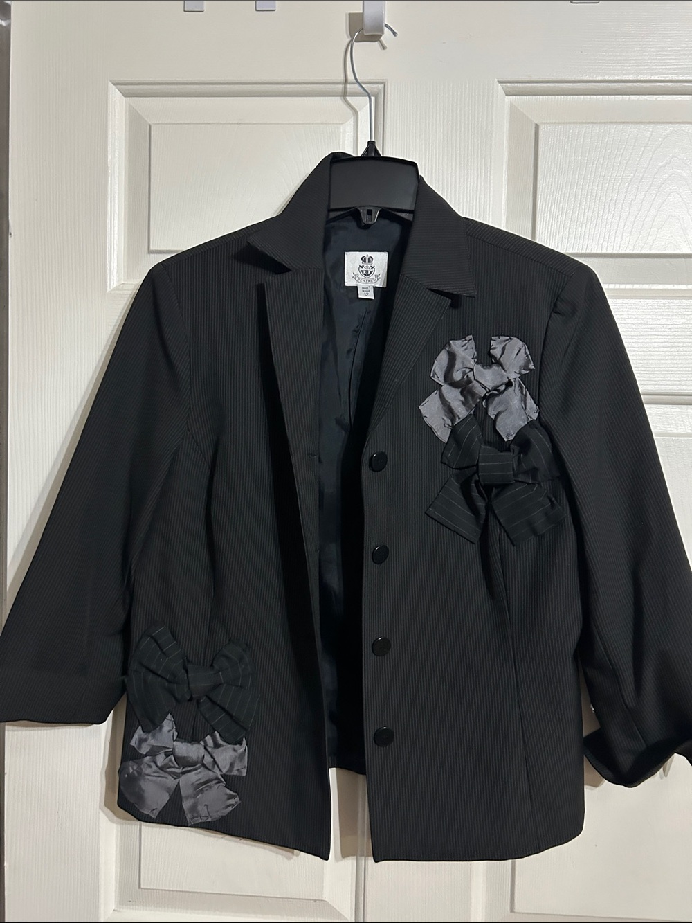 Black Pinstripe Blazer with Decorative Bows